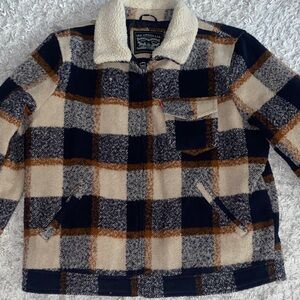 Levi's Men’s Plaid Sherpa Jacket - Navy, Cream, and Brown